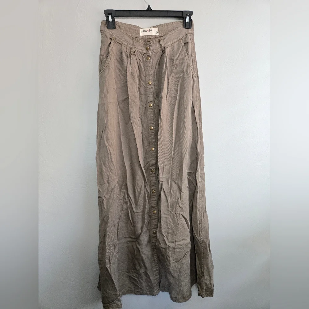Pistola• Olive Green Maxi Skirt Woth Gold Front Buttons. Sz S - Picture 3 of 8
